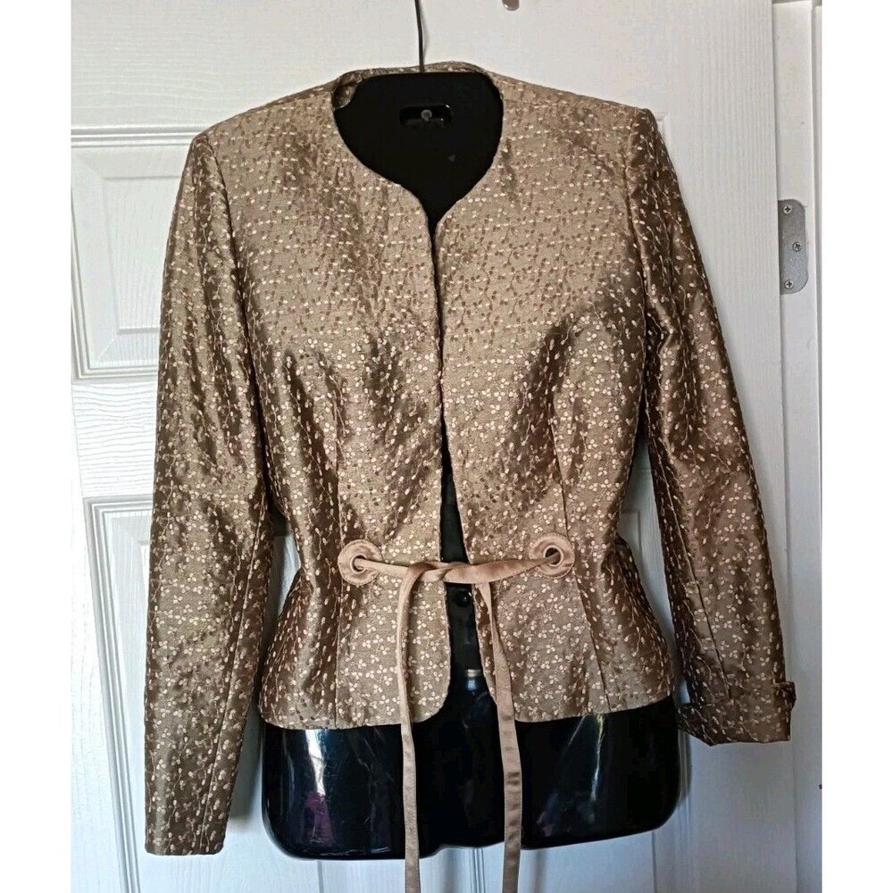 Nipon Boutique Women's Satin Blazer Jacket Sz 4 Embroidered Belted Green Gold